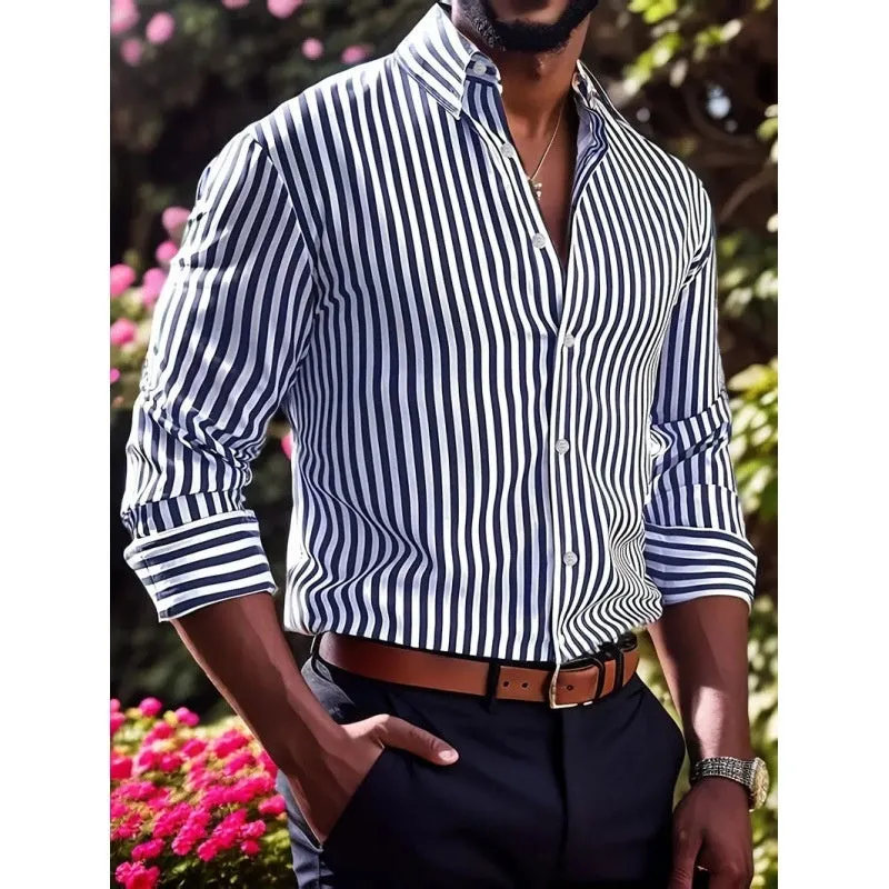 Men's slim striped long sleeve polyester shirt in blue, front view, for youth business commute wear