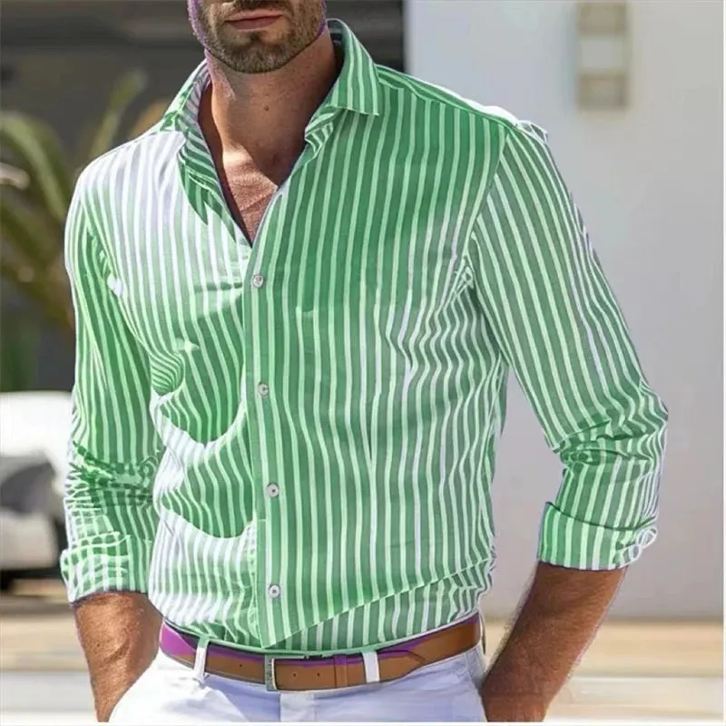 Men's slim striped long sleeve polyester shirt in blue, front view, for youth business commute wear