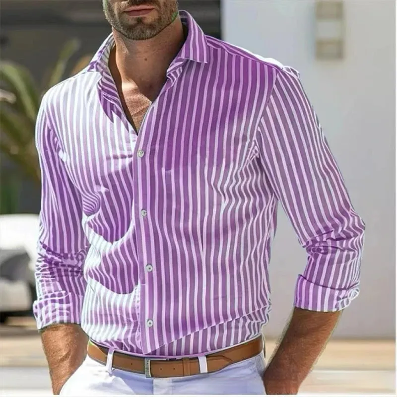 Men's slim striped long sleeve polyester shirt in blue, front view, for youth business commute wear