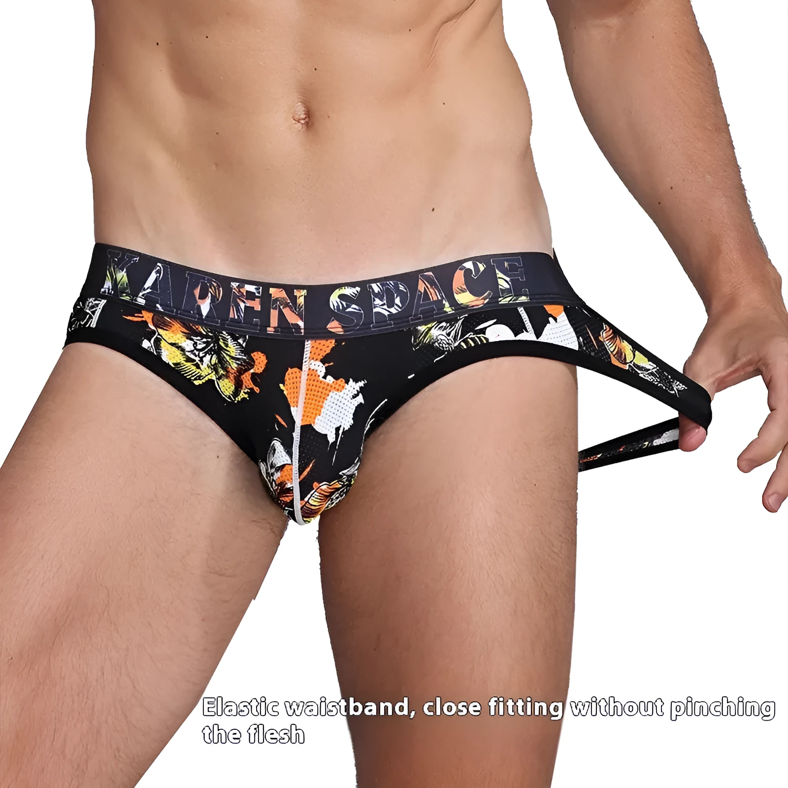 Men's Ice Silk mesh thong in printed colour, low waist breathable sports underwear, knitted nylon