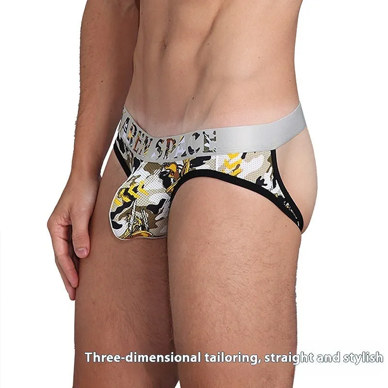 Men's Ice Silk mesh thong in printed colour, low waist breathable sports underwear, knitted nylon
