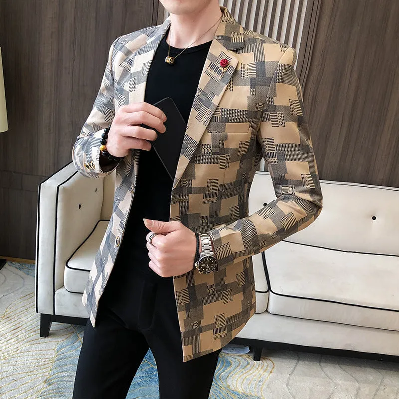Slim-fit cotton blend suit jacket in black, khaki, and white for men, Asian sizes M to 3XL
