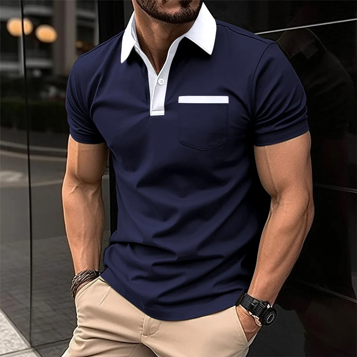 Men's lapel fashion slim pocket short-sleeved polo shirt in grey, cotton blend, loose fit
