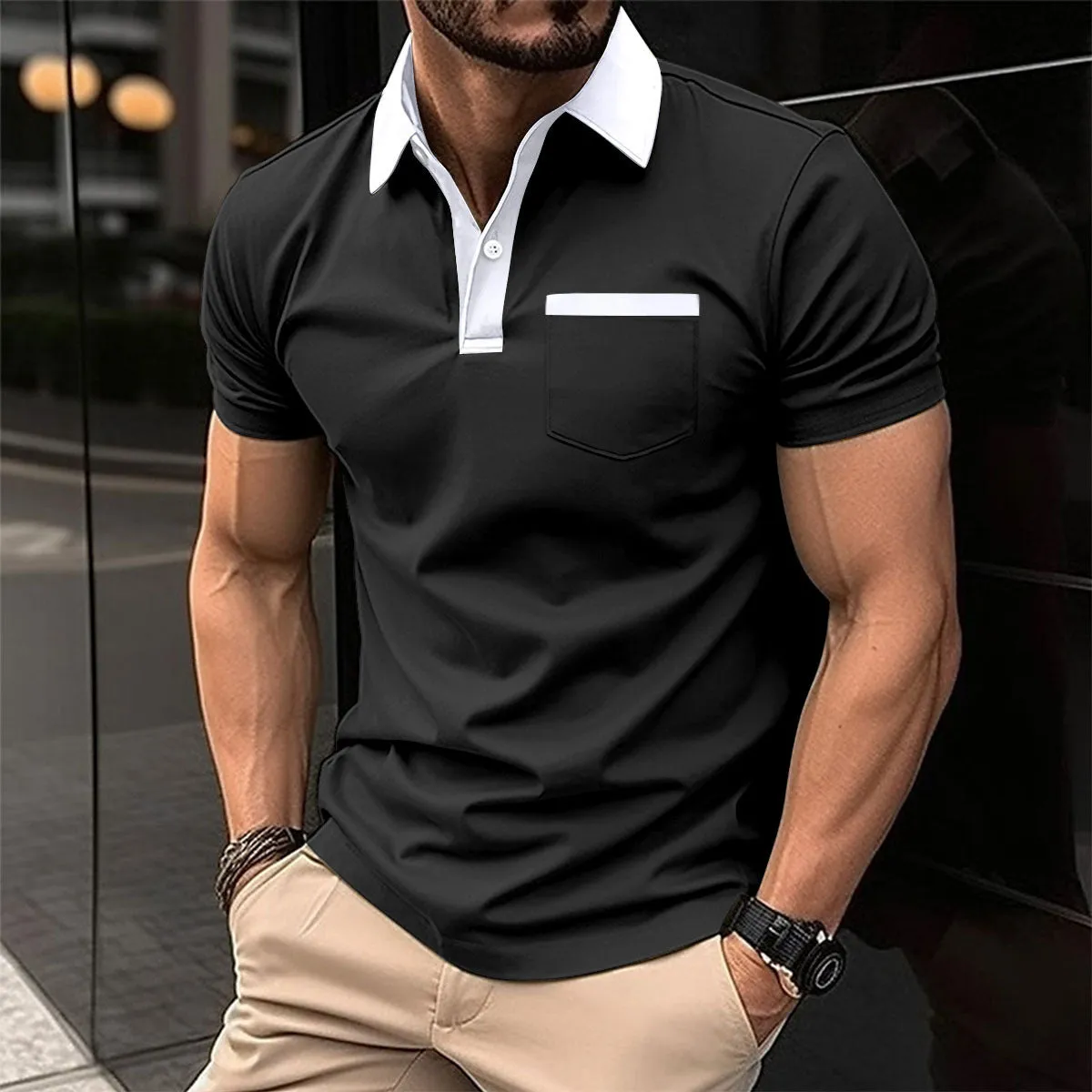 Men's lapel fashion slim pocket short-sleeved polo shirt in grey, cotton blend, loose fit