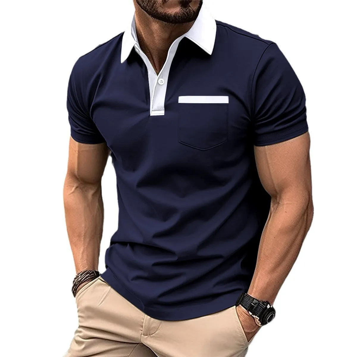 Men's lapel fashion slim pocket short-sleeved polo shirt in grey, cotton blend, loose fit