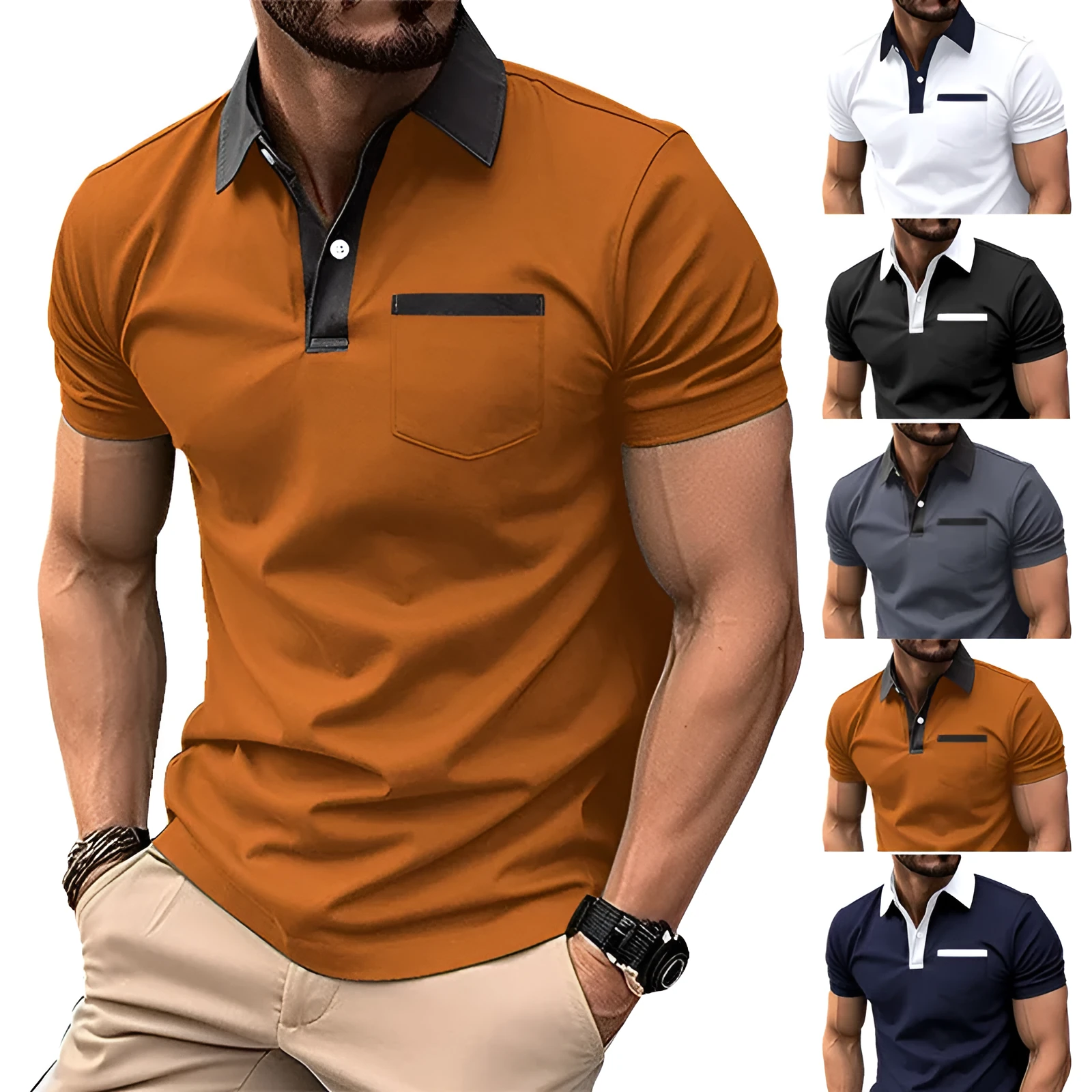Men's lapel fashion slim pocket short-sleeved polo shirt in grey, cotton blend, loose fit