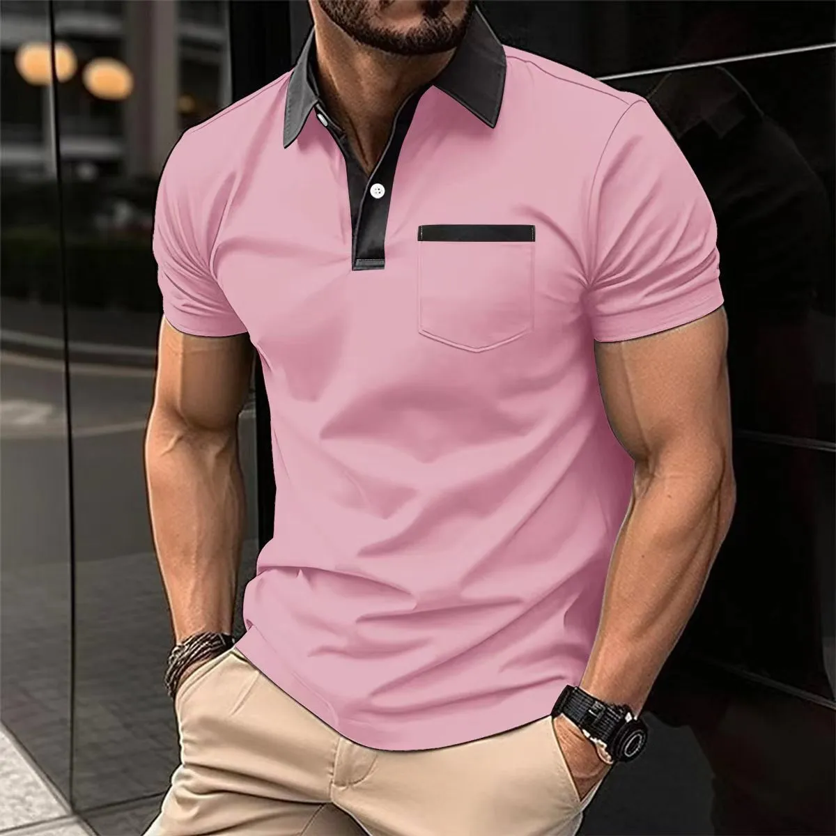 Men's lapel fashion slim pocket short-sleeved polo shirt in grey, cotton blend, loose fit