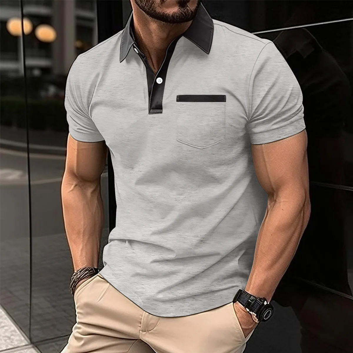 Men's lapel fashion slim pocket short-sleeved polo shirt in grey, cotton blend, loose fit