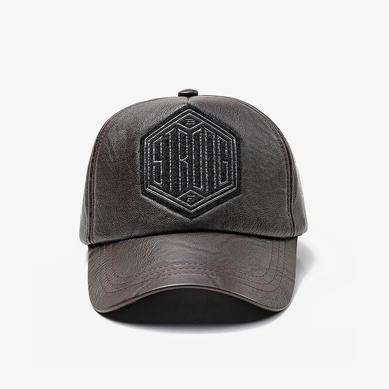 Autumn winter leather baseball cap with broad curved brim and adjustable dome crown in black
