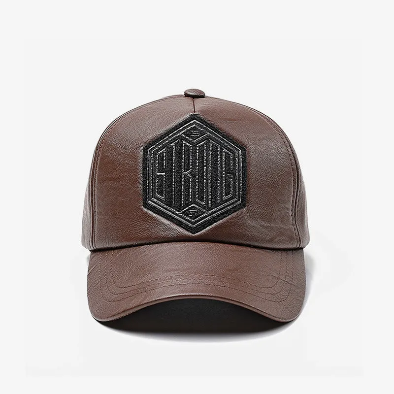 Autumn winter leather baseball cap with broad curved brim and adjustable dome crown in black