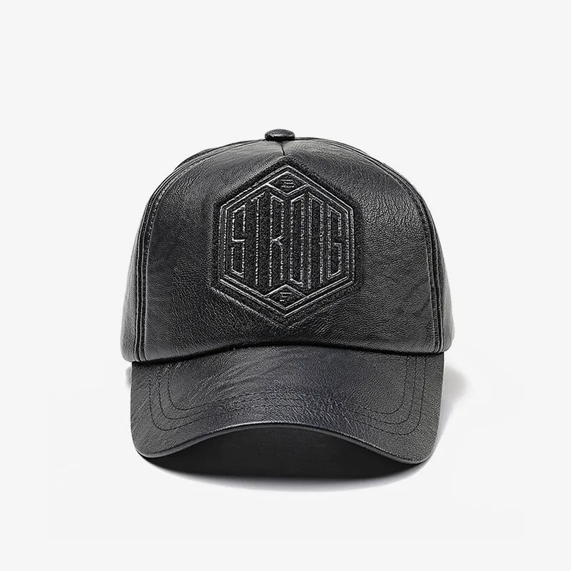 Autumn winter leather baseball cap with broad curved brim and adjustable dome crown in black