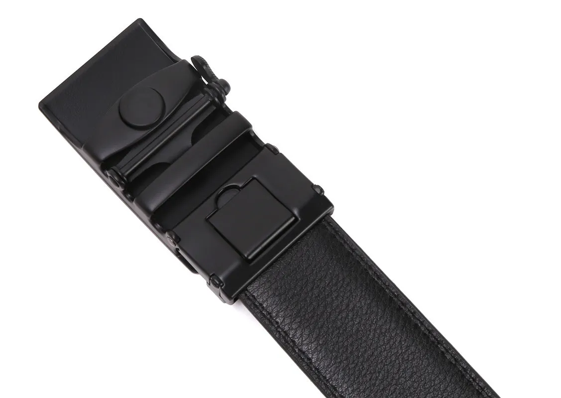Automatic buckle belt for men in black artificial leather with silver alloy rectangular buckle