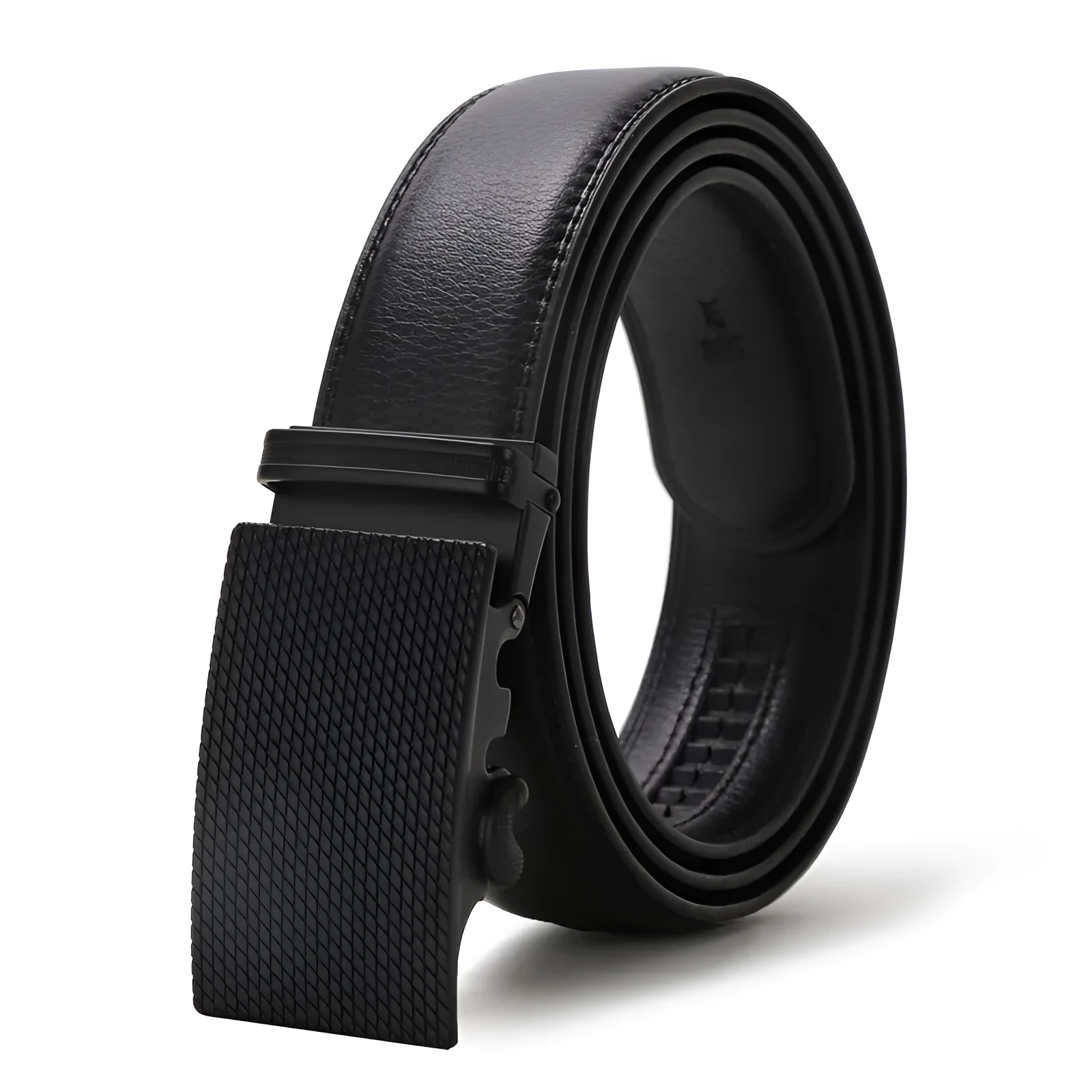 Automatic buckle belt for men in black artificial leather with silver alloy rectangular buckle