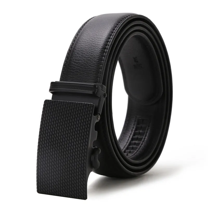 Automatic buckle belt for men in black artificial leather with silver alloy rectangular buckle