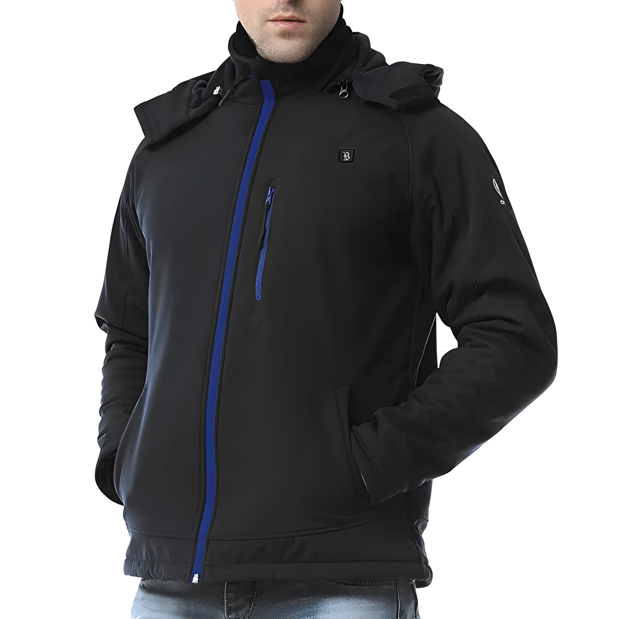 Black men's USB winter waterproof coat with straight hem and long sleeves