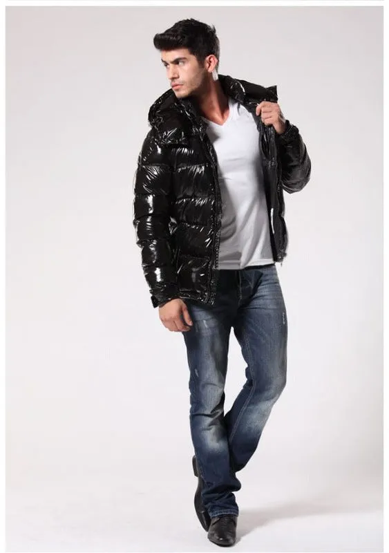 Thick down jacket for men women white duck down filling loose fit black gloss colour