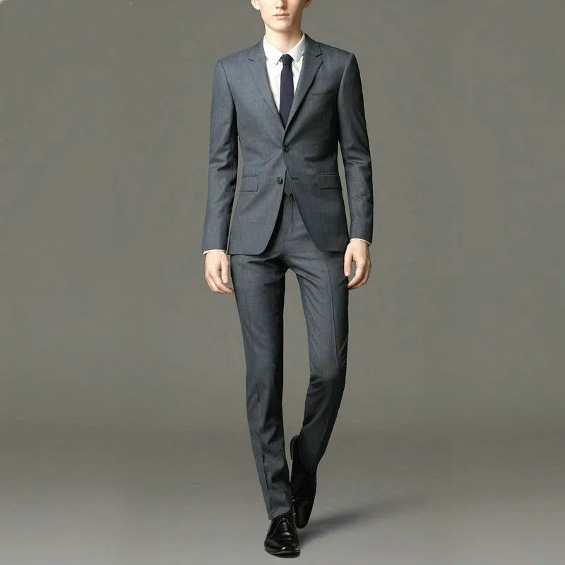 Autumn winter men's slim fit suit jacket and trousers set in black with flat collar and half linen lining