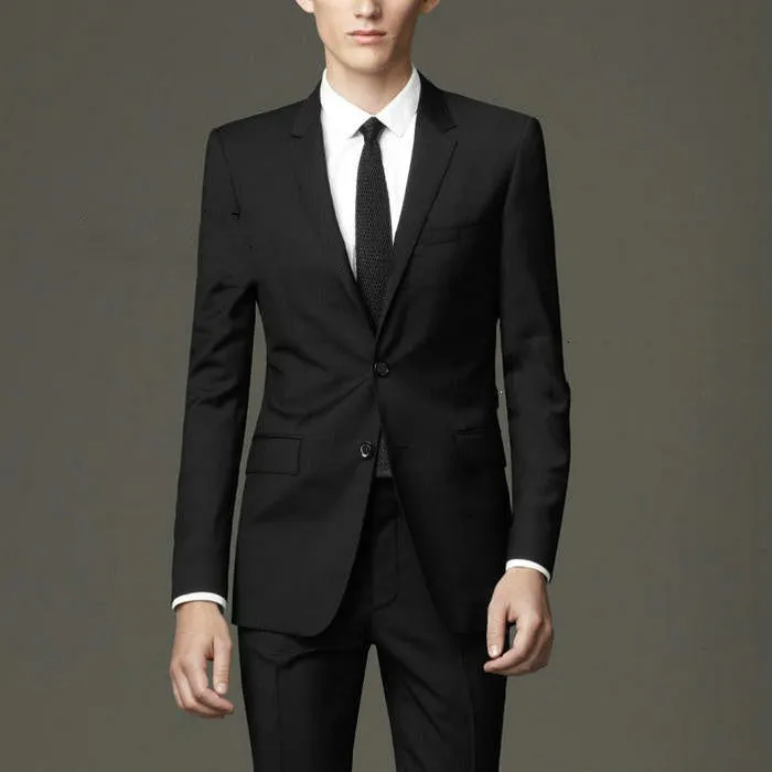 Autumn winter men's slim fit suit jacket and trousers set in black with flat collar and half linen lining