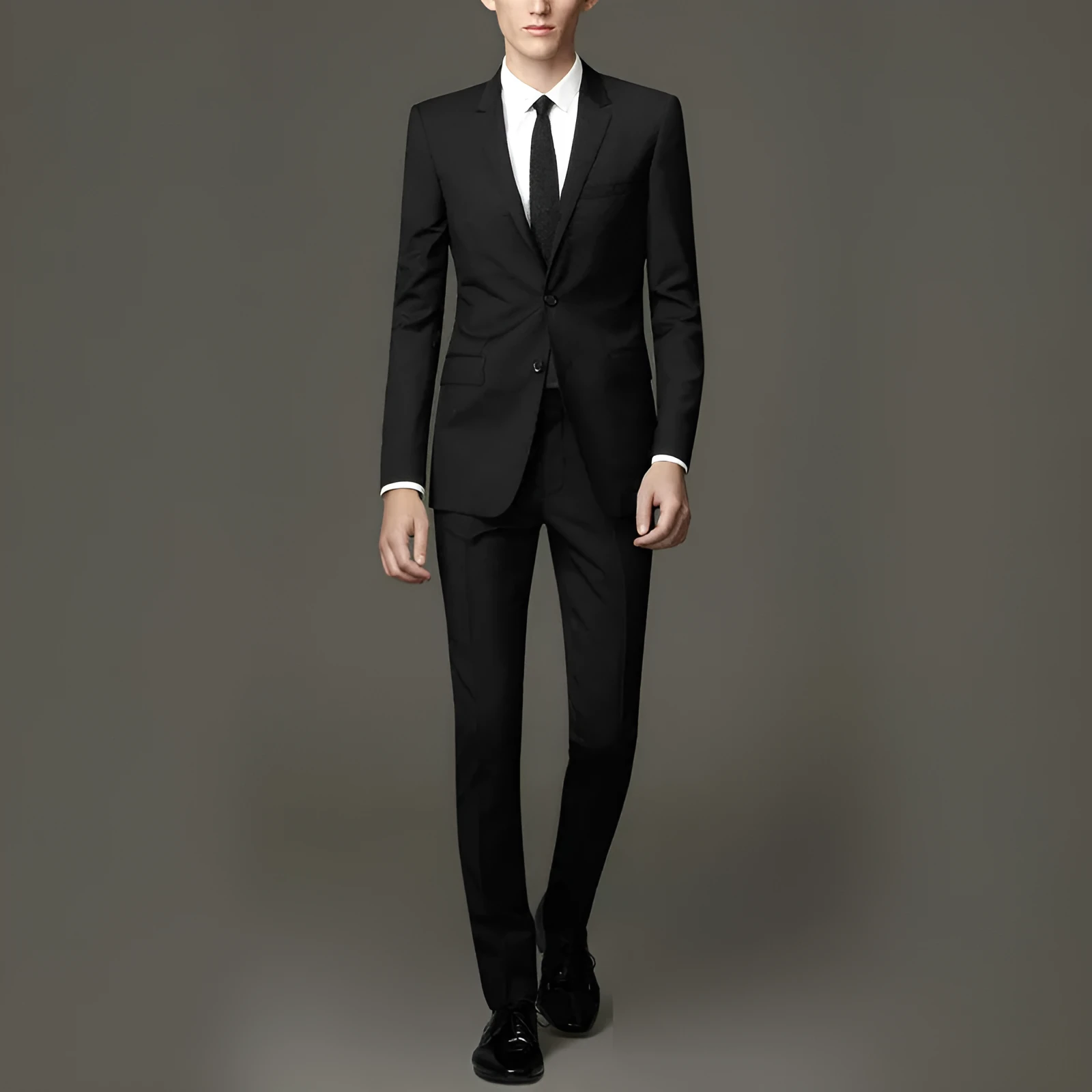 Autumn winter men's slim fit suit jacket and trousers set in black with flat collar and half linen lining