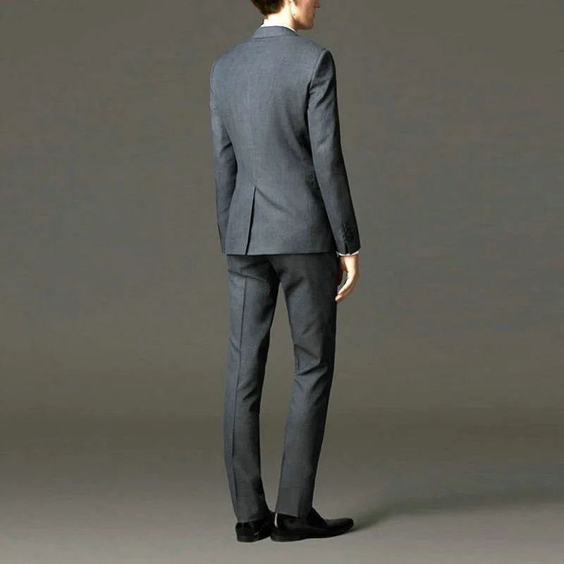 Autumn winter men's slim fit suit jacket and trousers set in black with flat collar and half linen lining