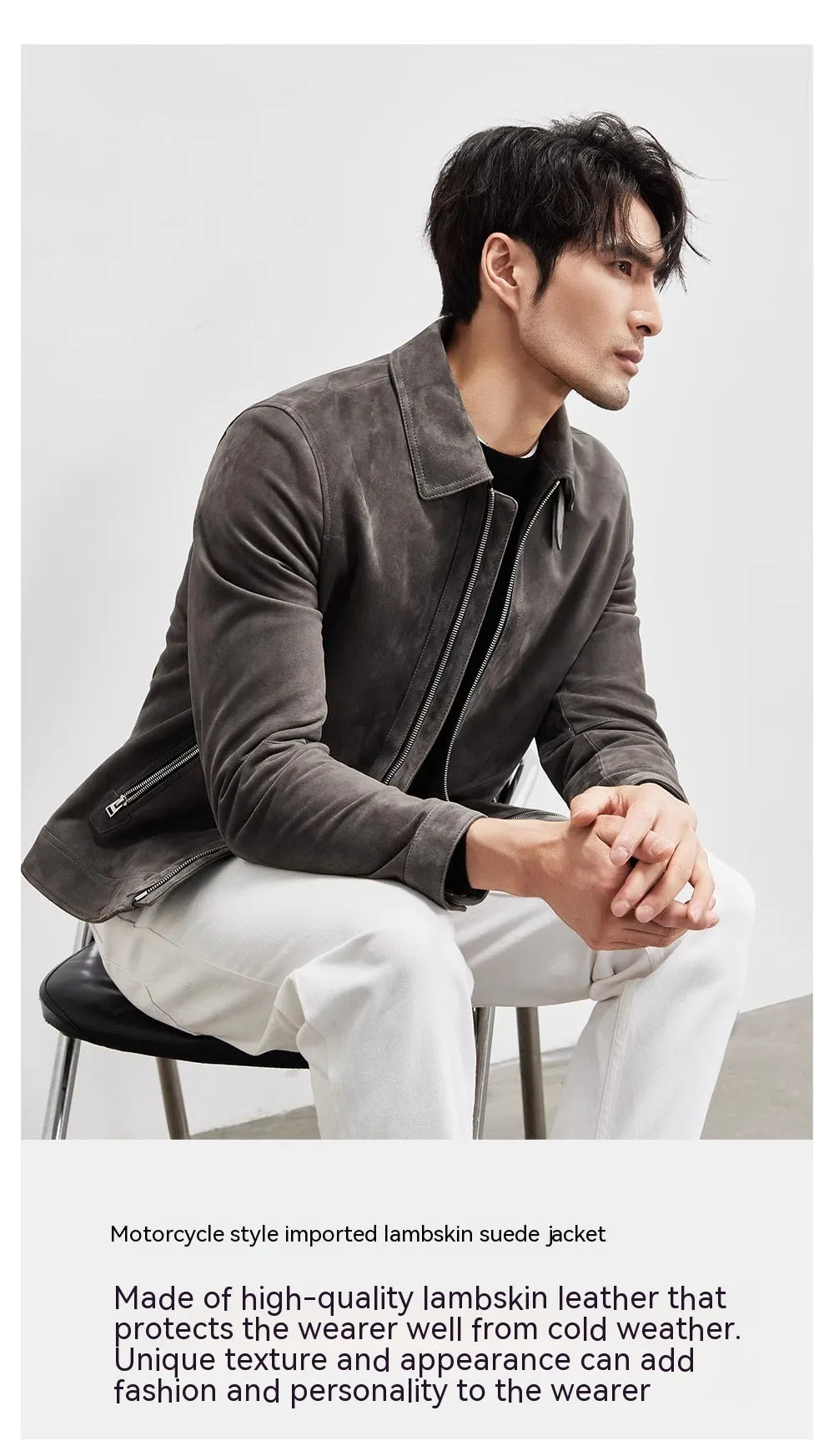 Men's genuine sheepskin suede biker jacket in Graphite, regular fit, lapel style, autumn coat