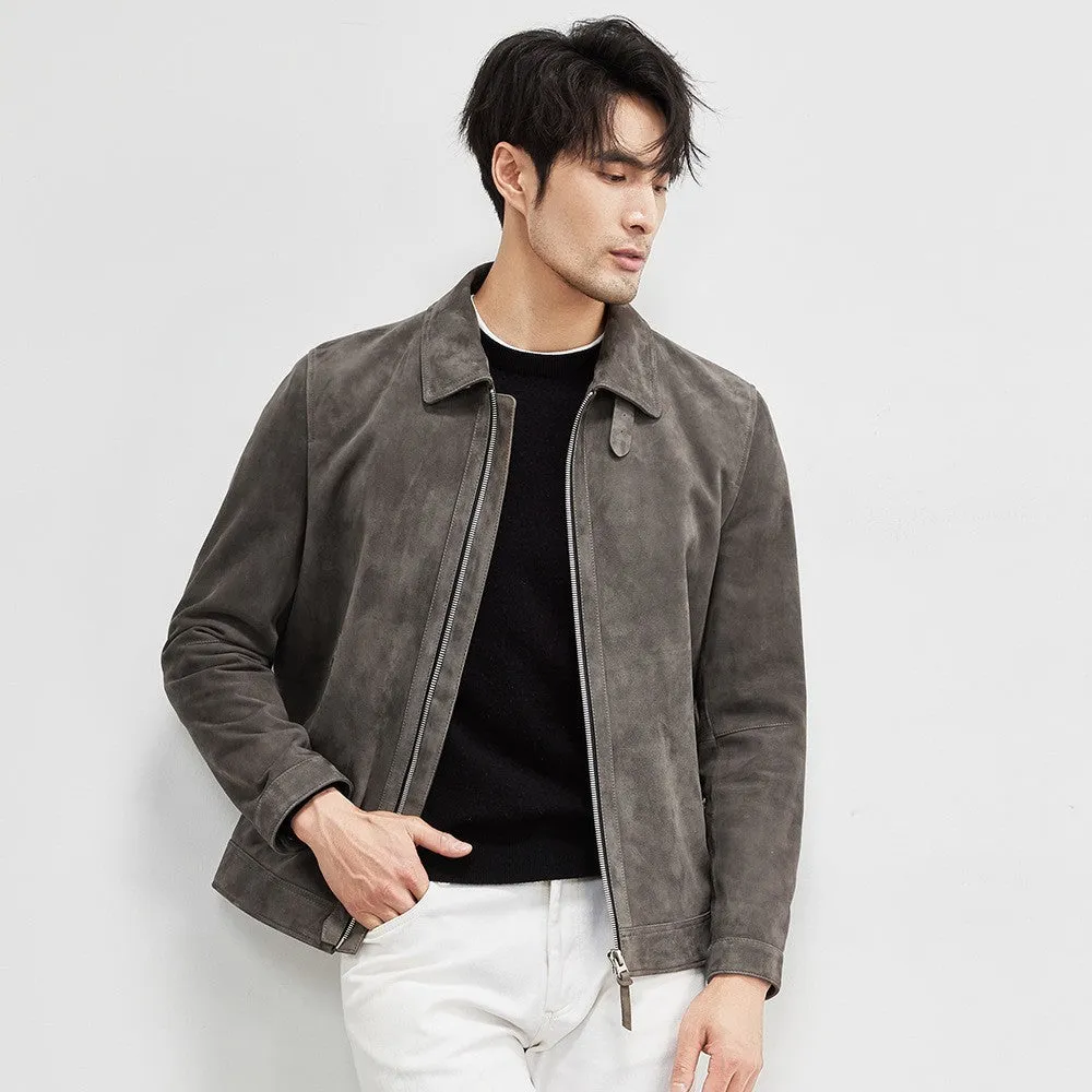 Men's genuine sheepskin suede biker jacket in Graphite, regular fit, lapel style, autumn coat