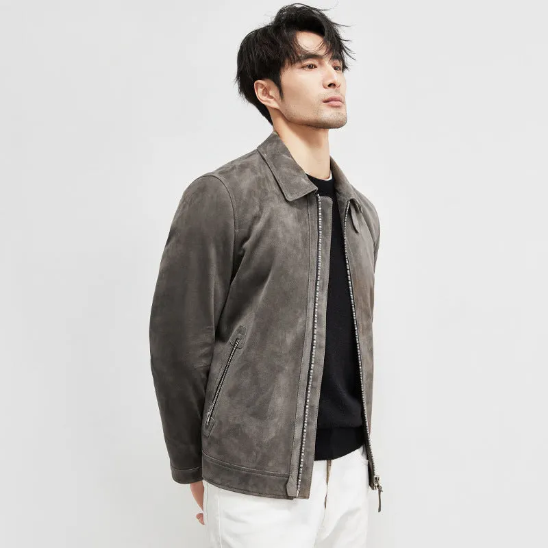 Men's genuine sheepskin suede biker jacket in Graphite, regular fit, lapel style, autumn coat