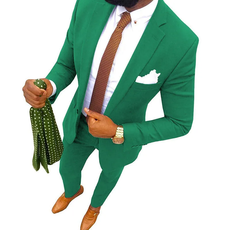 Men's purple cotton banquet suit comprising a jacket and trousers, shown on a hanger.