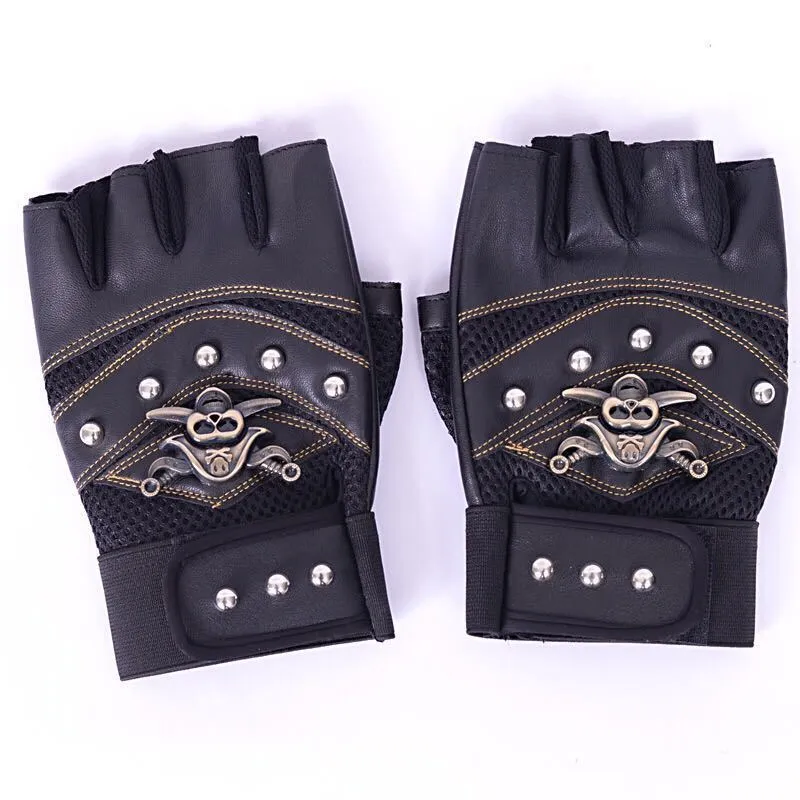 Hip hop break dancing skull gloves half finger imitation leather non-slip unisex free size black blue red