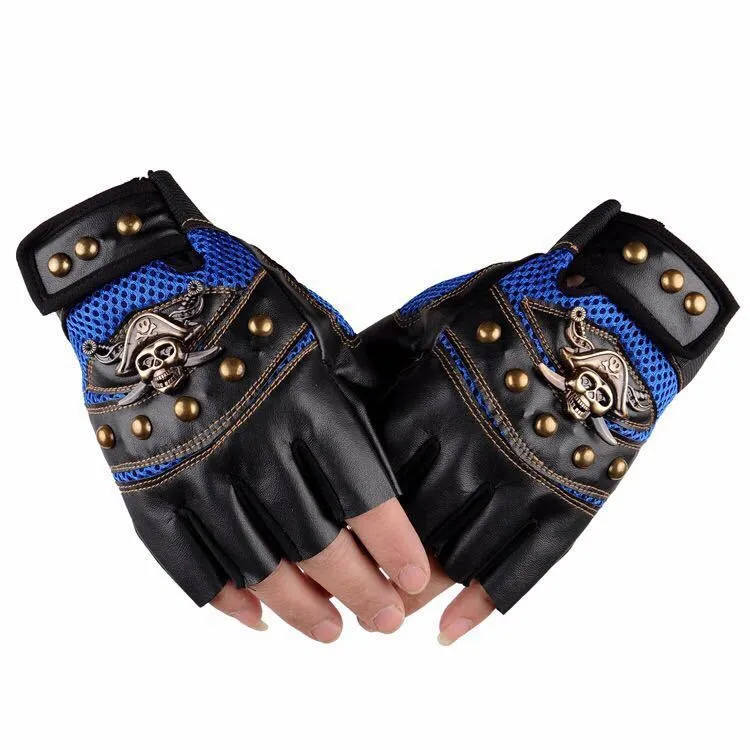 Hip hop break dancing skull gloves half finger imitation leather non-slip unisex free size black blue red