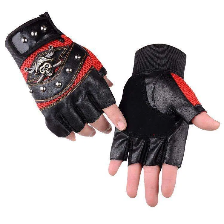 Hip hop break dancing skull gloves half finger imitation leather non-slip unisex free size black blue red