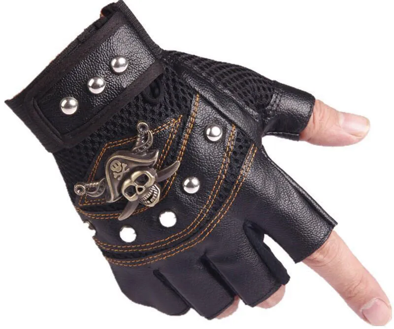 Hip hop break dancing skull gloves half finger imitation leather non-slip unisex free size black blue red