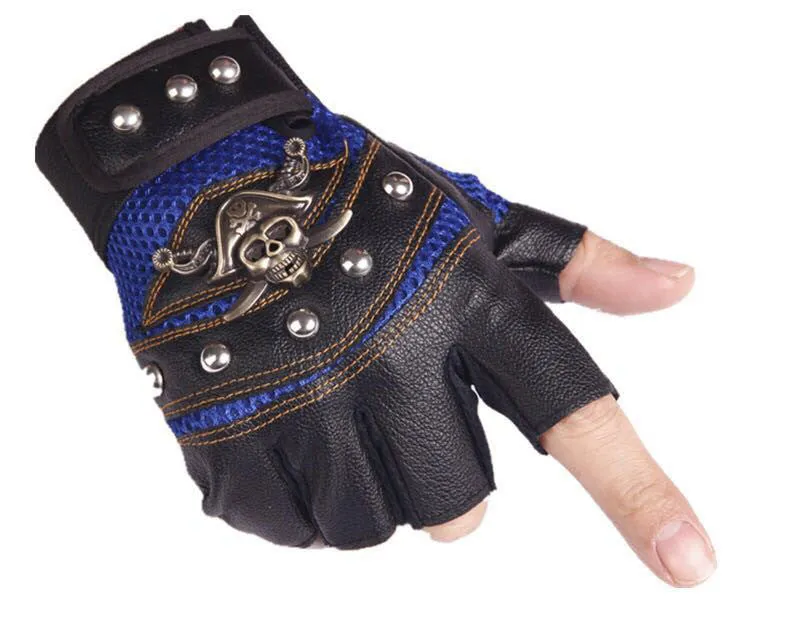Hip hop break dancing skull gloves half finger imitation leather non-slip unisex free size black blue red