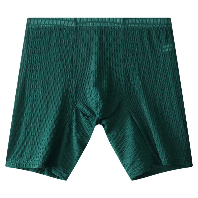 Men's transparent black lace boxer shorts with a lengthened design and mid waist.