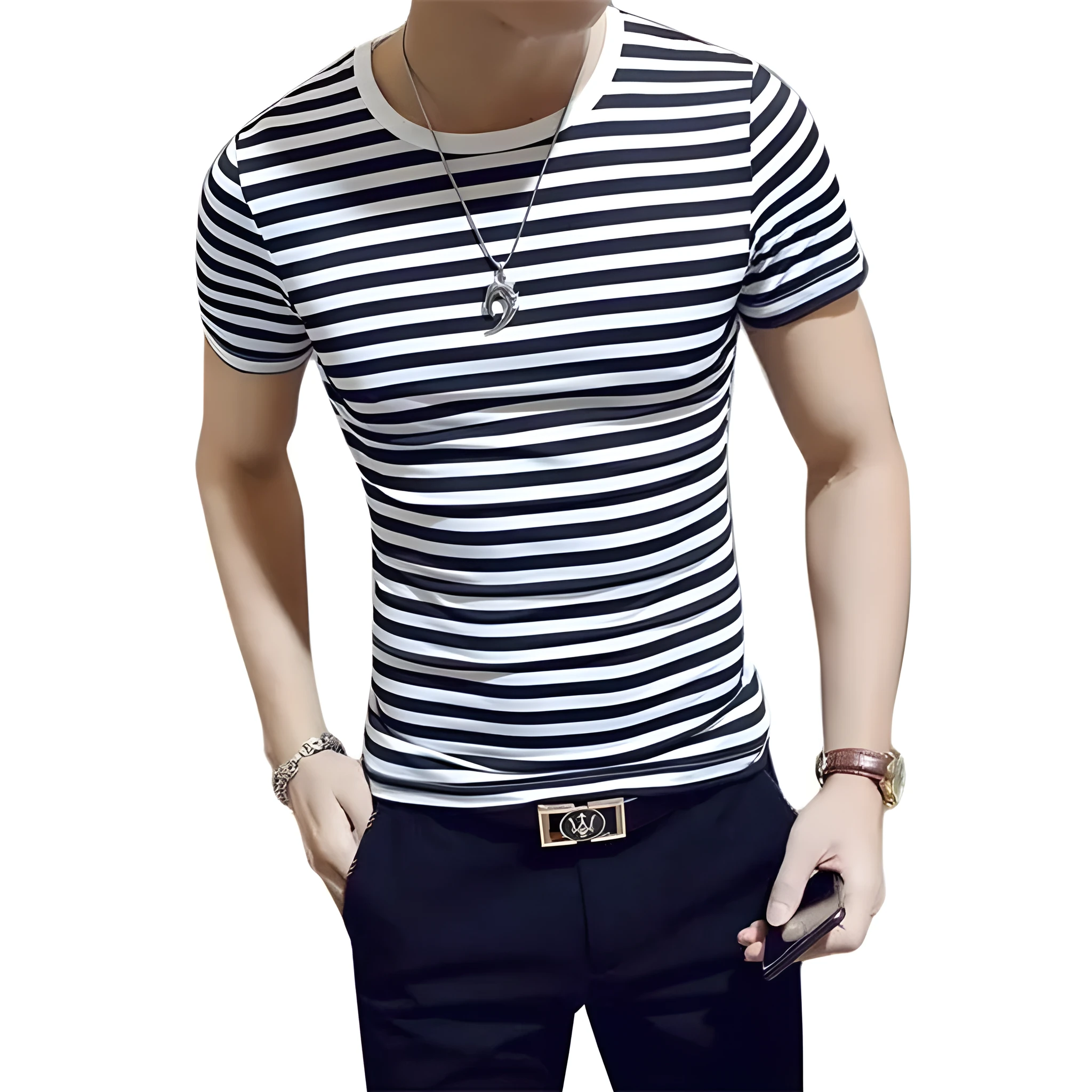 O-neck short-sleeved cotton man tee in black and white, sizes M to 3XL, front view