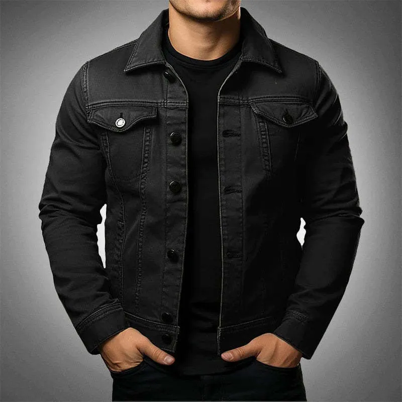 Men's denim jacket solid colour tooling coat with cotton lining, front view