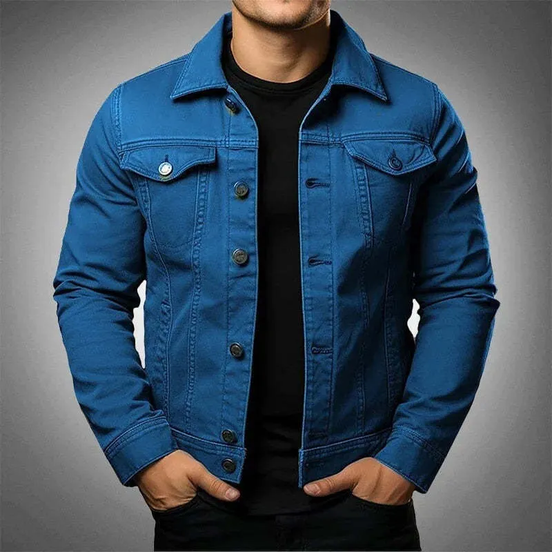 Men's denim jacket solid colour tooling coat with cotton lining, front view