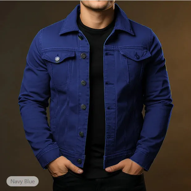 Men's denim jacket solid colour tooling coat with cotton lining, front view