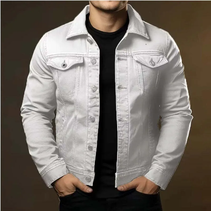 Men's denim jacket solid colour tooling coat with cotton lining, front view