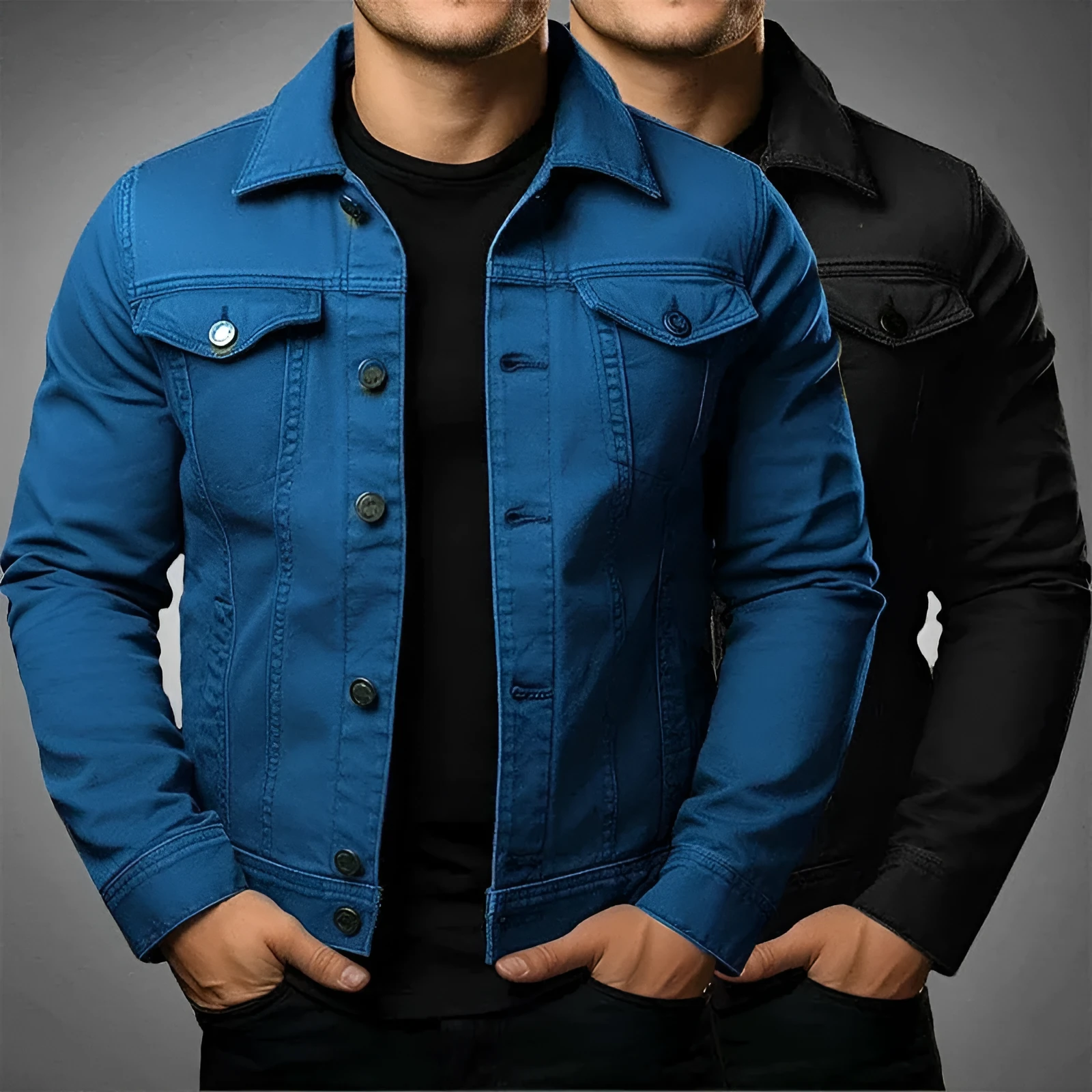 Men's denim jacket solid colour tooling coat with cotton lining, front view