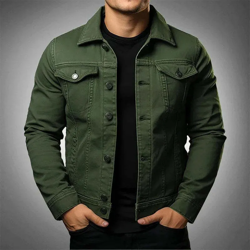 Men's denim jacket solid colour tooling coat with cotton lining, front view