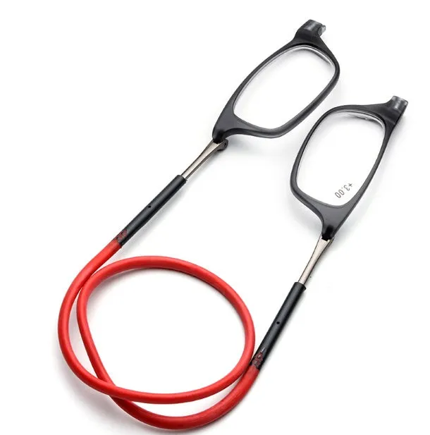 Portable magnetic hang neck reading glasses with pure titanium full frame, adjustable length, gray red legs colour