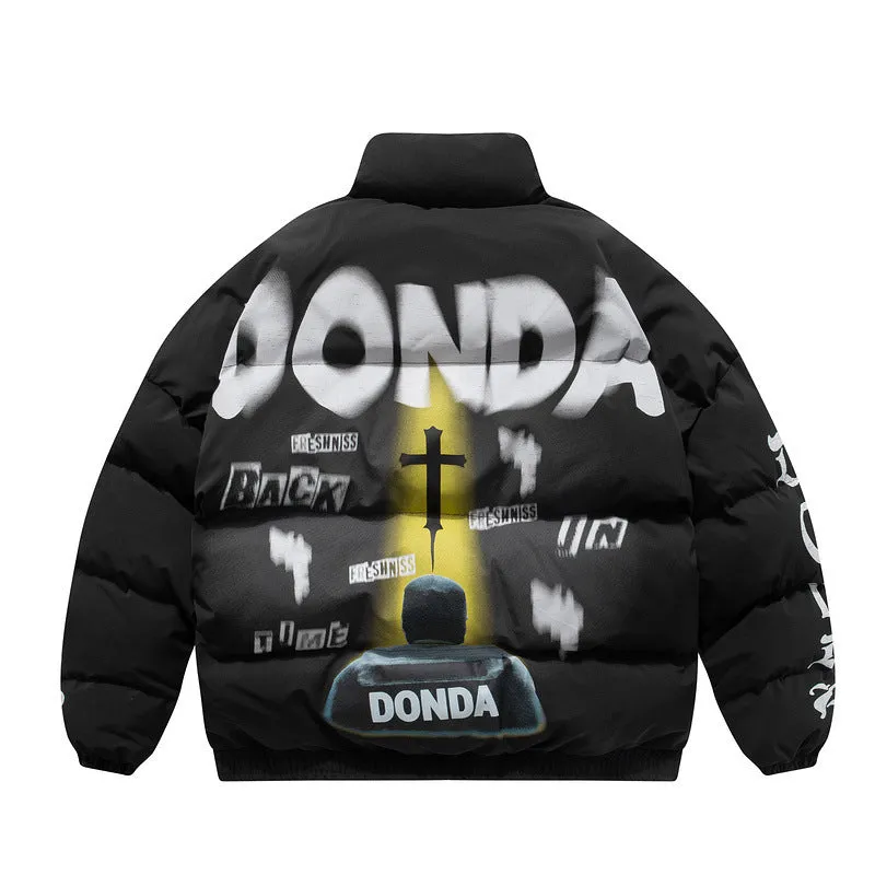 Black winter cotton cardigan with graffiti letter print, zipper closure, side pockets, loose fit, on plain background