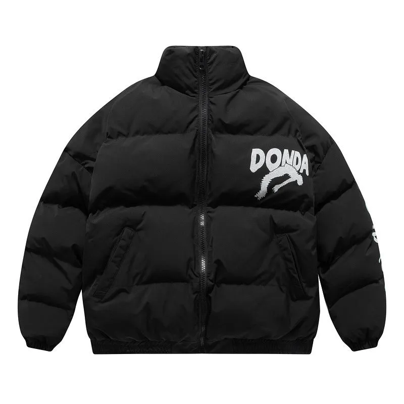Black winter cotton cardigan with graffiti letter print, zipper closure, side pockets, loose fit, on plain background