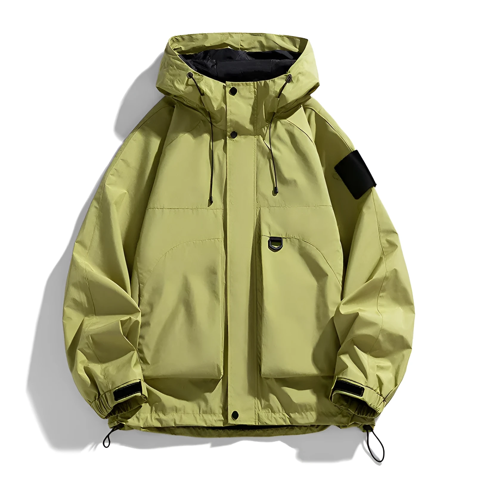 Men's black waterproof windproof hooded jacket with long sleeves on a hanger.