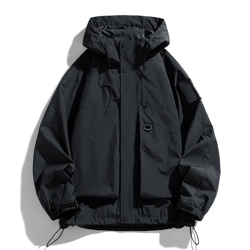 Men's black waterproof windproof hooded jacket with long sleeves on a hanger.