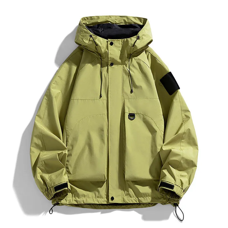 Men's black waterproof windproof hooded jacket with long sleeves on a hanger.
