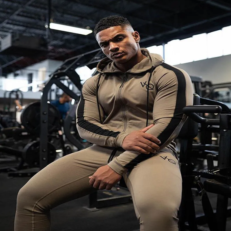 Men's cotton sweatshirt and trousers summer sports set hooded long sleeve stretch fabric black khaki navy blue