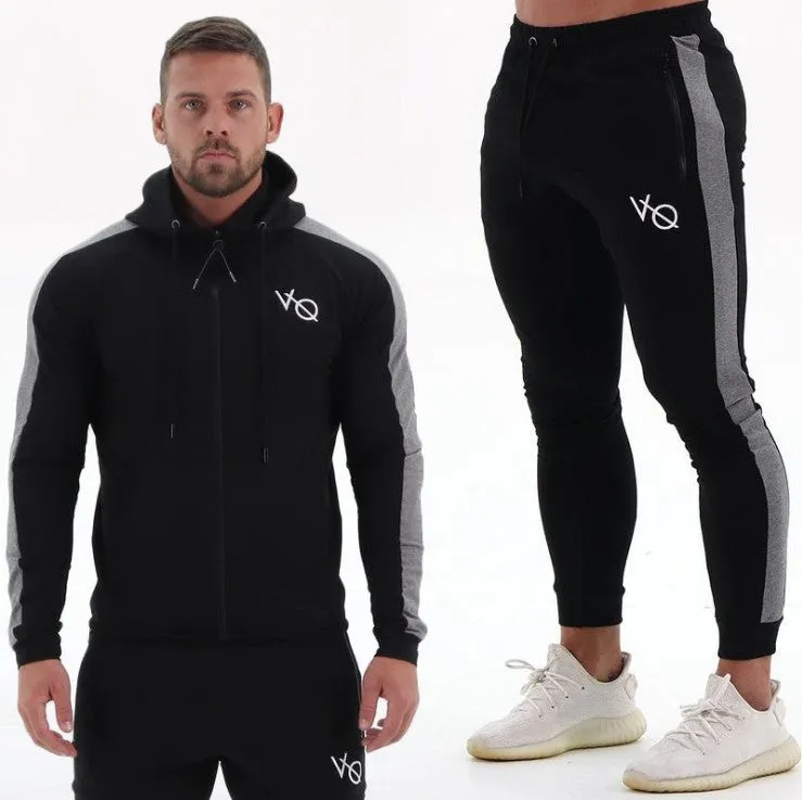 Men's cotton sweatshirt and trousers summer sports set hooded long sleeve stretch fabric black khaki navy blue