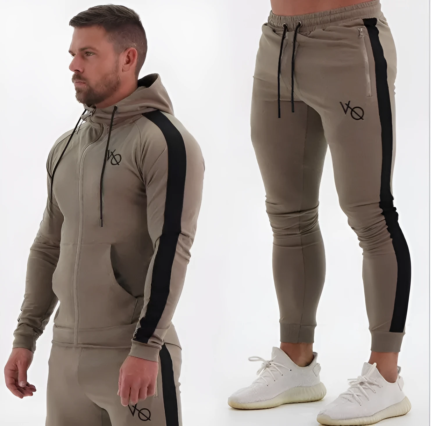 Men's cotton sweatshirt and trousers summer sports set hooded long sleeve stretch fabric black khaki navy blue